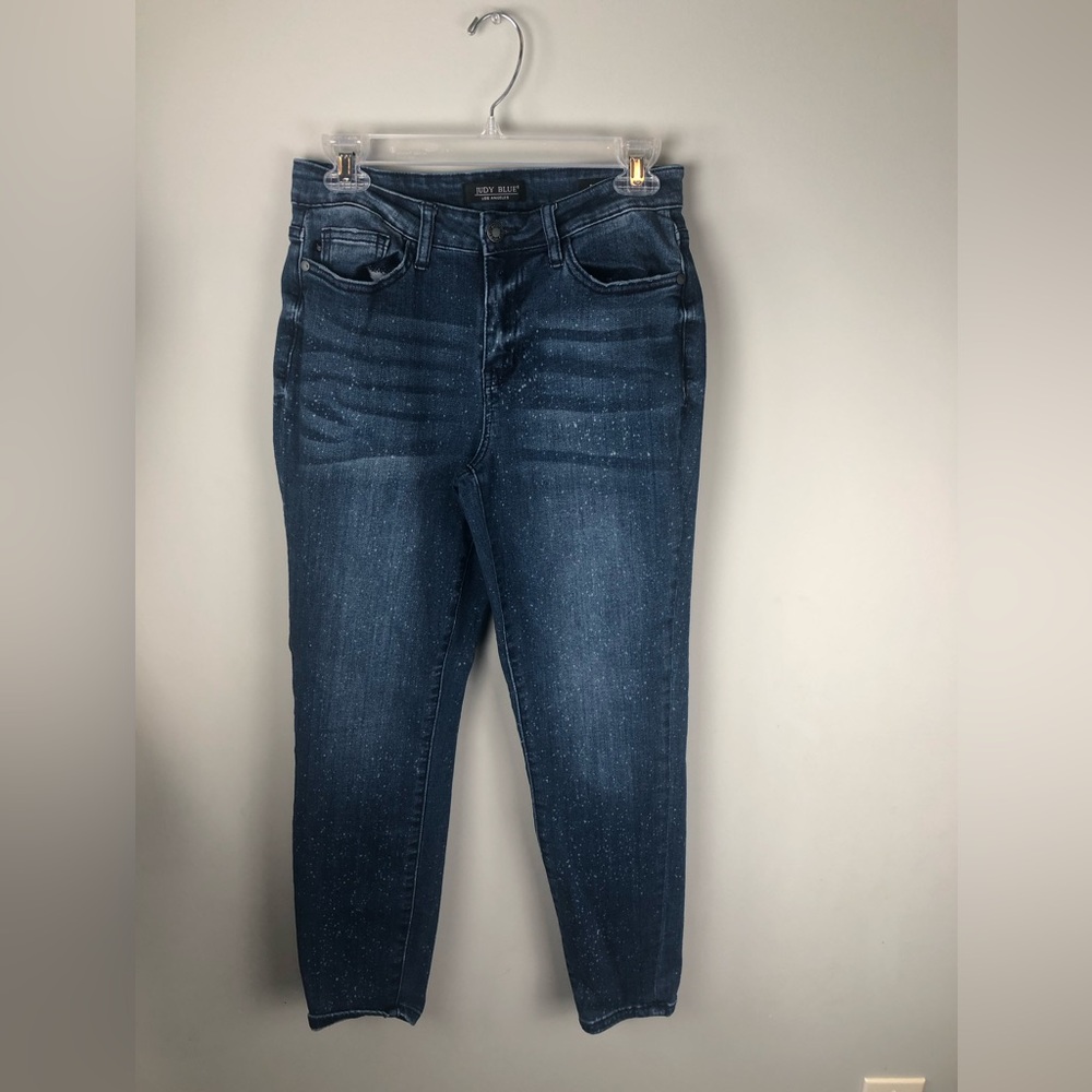 Judy Blue Jeans Womens 7/28 Stretch Denim Relaxed Fit Dark Wash Paint Sp…